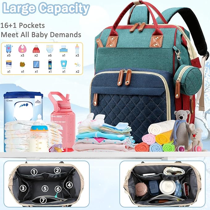 Diaper Bag Backpack Baby Bag, Baby Girl Boy Diaper Bag for Dad Mom with Pad, 16 Pockets, Pacifier Case, Large Diaper Bags Unisex for Travel (Colorful)