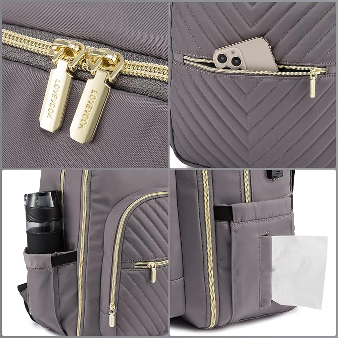 LOVEVOOK Diaper Bag Backpack, Quilted Baby Bag with Changing Pad & Pacifier Holder, Waterproof Travel Diaper Bags for Baby Boys Girls, Stylish and Large Capacity, Purple Grey