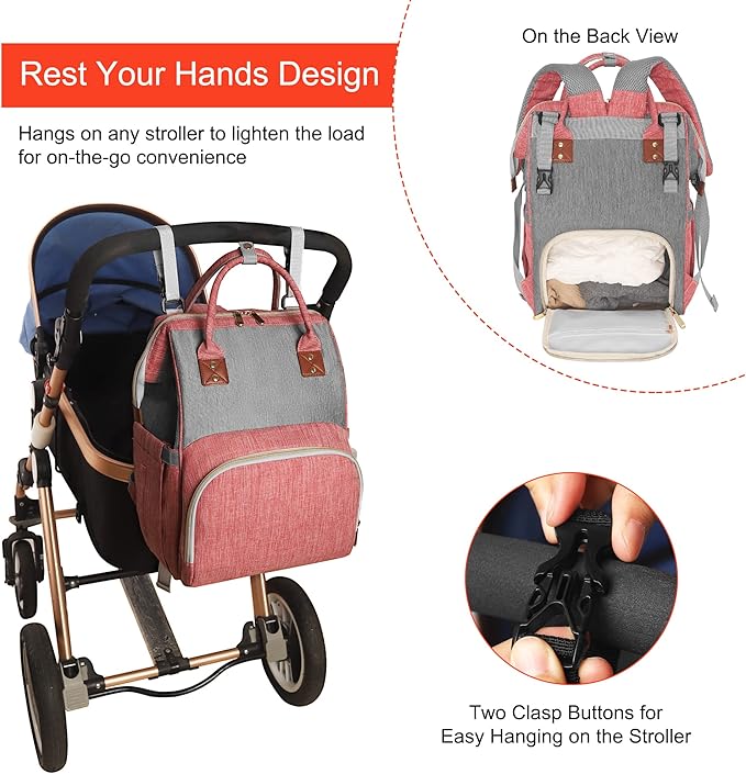 Diaper Bag Backpack Multi-Function Baby Bag With Large Capacity and Insulated Pockets Diaper Backpack Organizer Bag for Mom/Dad, Pink+Gray