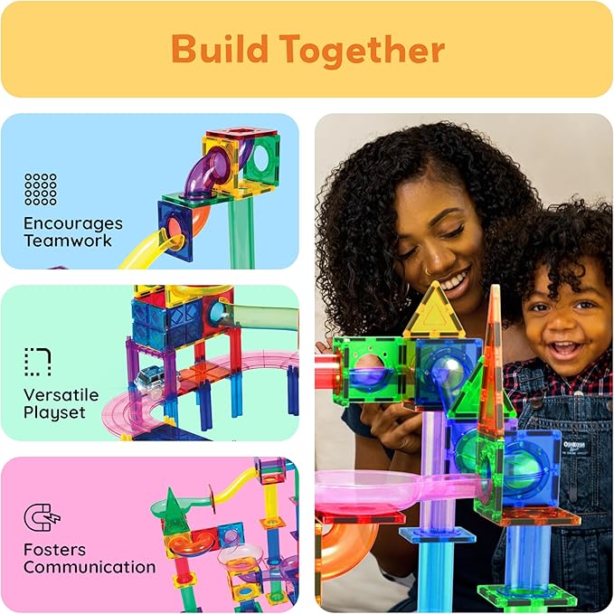 PicassoTiles 108pc 3-in-1 Marble Run Car Race Track Combo Magnetic Tiles PicassoToys Magnet Building Block Educational Construction Toy Playset STEM STEAM Learning Kit Child Brain Development PTG108