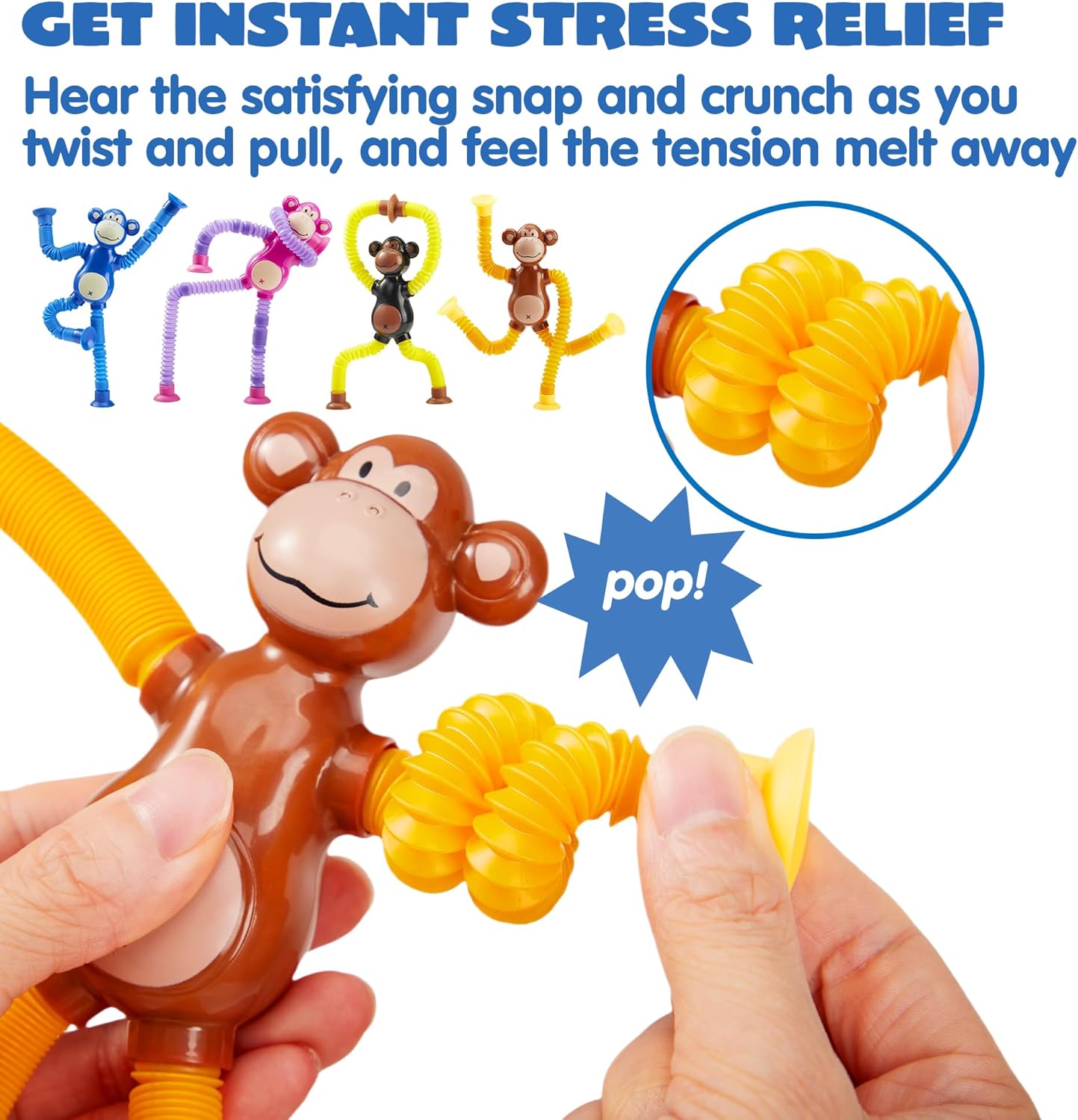 JOYIN Pop Tubes Monkey Toys for Kids, 4 Pcs Sensory Toys for Year Old Ages 3 4 5 6 7 8 9 10 Fidget Toys Birthday Gift for Toddler Boys Girls Adults Travel Toys Stocking Stuffers Party Favors