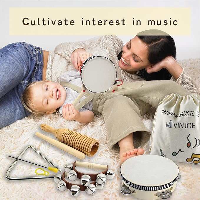 VINJOE Wooden Music Set–Kids Musical Instruments Toys, Natural Wood Percussion Instruments Toy for Kids Preschool Education Baby Musical Toys Instrument Set for Toddlers Best Gifts for Christmas