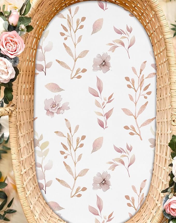 Bassinet Sheets for Baby Girls Boys 2 Pack, Fitted Baby Mattress Sheet for Rectangle, Oval, Hourglass Bassinet Mattress, Breathable Cozy & Universal Fit (Floral Fawn)