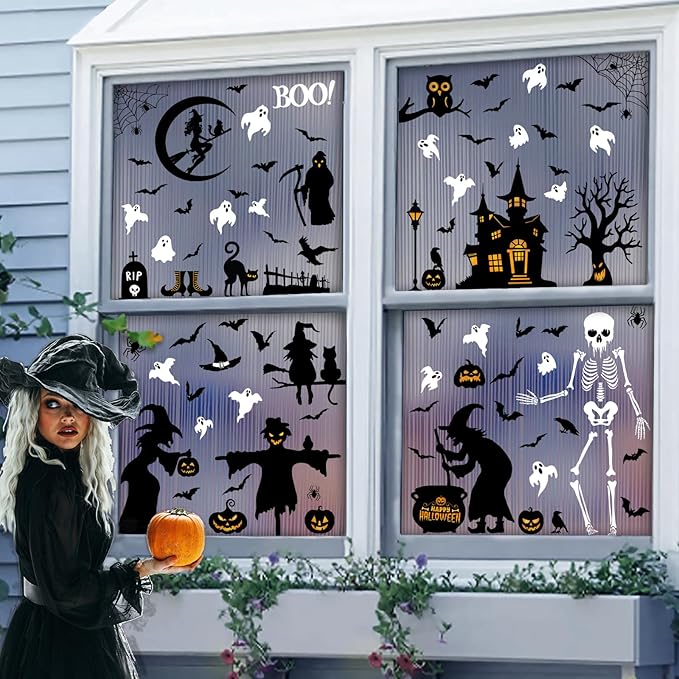 150 Pcs Halloween Window Clings Halloween Decor Indoor Bats Window Decoration | Large-Size Double-Side Witches Skeletons Windo Stickers Clings Hallowee Party Decoration Reusable & Removable