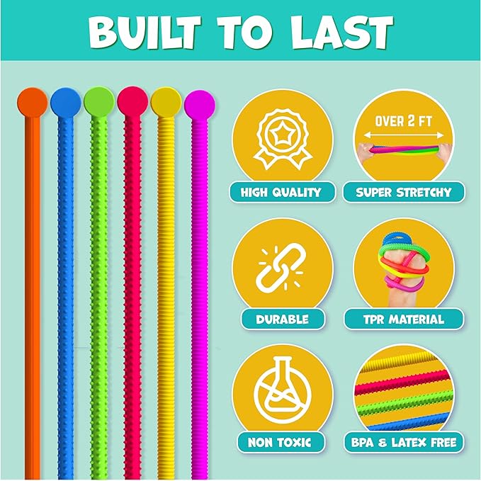 BUNMO Stretchy Strings - Sensory Toys - Stimulating & Fun Sensory Toys for Kids - Fidget Toy - Hours of Fun for Kids - Non-Mouthable Toy 3+ - Textured 6 Pack