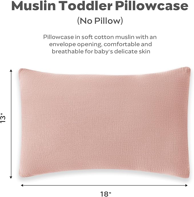 JELLYMONI 2 Pack Muslin Toddler Pillowcase for 13x18 Pillow, 100% Cotton Baby Pillow Case Cover for Bed, Toddler Cot and Travel, Soft & Breathable Baby Kids Envelope Pillowcase, No Pillow