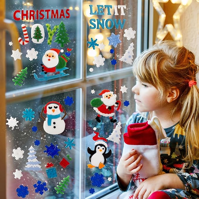 Christmas Window Clings Gel - 6 Sheets of Snowman, Blue Snowflakes, Penguin and Santa Claus, Winter & Holiday Designs for Glass Windows