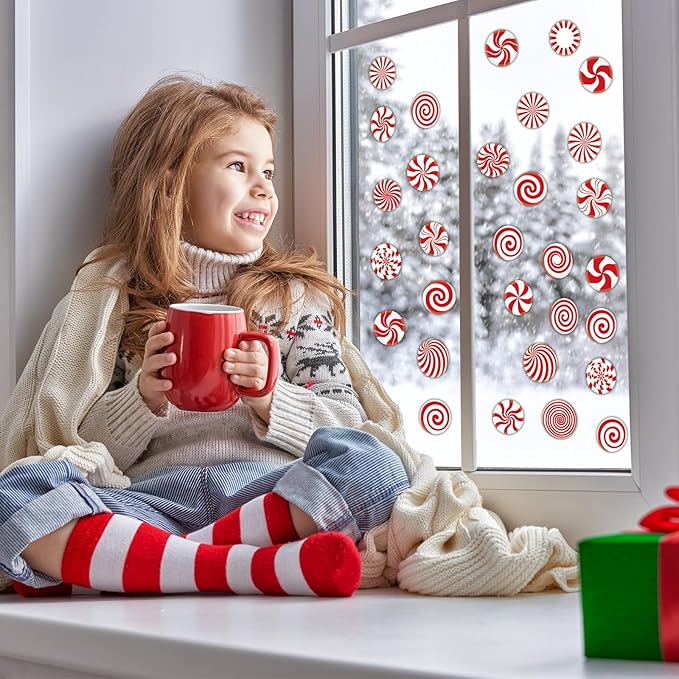 20 PCS Christmas Peppermint Candy Thick Gel Cling Xmas Candy Cane Window Decorations Candy Cane Window Clings Decals for Kids Toddlers Home Airplane Festive Season Holiday Party Home Classroom Nursery