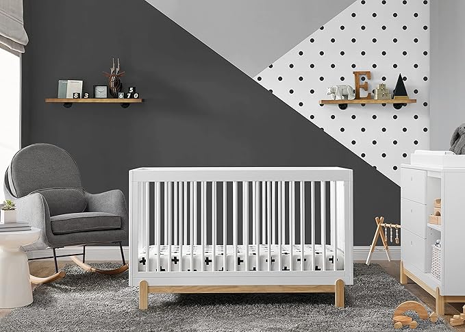 Delta Children Poppy 6-Piece Baby Nursery Furniture SetIncludes: Convertible Crib, Dresser, Changing Top, Mattress, Sheets, & Changing Pad, Bianca White w/Natural