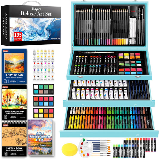 iBayam Art Set for Kids Teens Girls Boys Adult, 195-Pack Deluxe Artist Gift Box with 3 PCS Drawing Pads, A4 Canvases, Arts and Crafts Kits, Painting, Drawing & Art Supplies with 24 Color Acrylic Paint