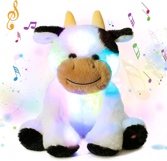 Cuteoy Glowing LED Cow Light-up Nightlight Toys Musical Plush Stuffed Animal Soft Singing Lullabies Birthday Christmas Plushies Gifts for Kids Boys Girls,10"