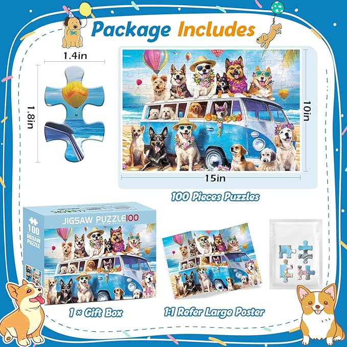 100 Piece Puzzles for Kids Ages 4-8,Kids Puzzles Ages 4-6 6-8 Jigsaw Puzzles for 4 6 8 Year Old Kid 100 Piece Puzzle for Adult Senior Dog Animals Beach Puzzle Easy Jigsaw Puzzle Games Gift