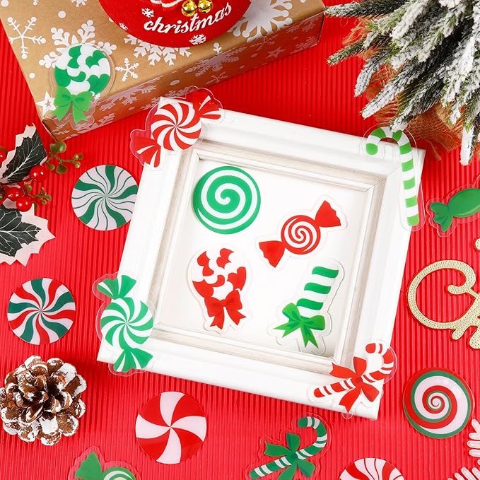 MARFOREVER 50 PCS Candy Cane Gel Window Clings, Reusable Colorful Christmas Candy Thick Gel Clings Decals Stickers for Christmas Gift Xmas Party Supplies Window Glass Decoration Supplies