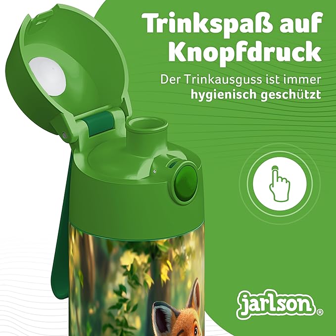 Jarlson® Mali Children's Water Bottle, Thermal Stainless Steel Water Bottle, BPA-Free, Leak-Proof, Children's Bottle with Chug Lid, Bottle for School, Nursery (Fox Green, 12 oz)