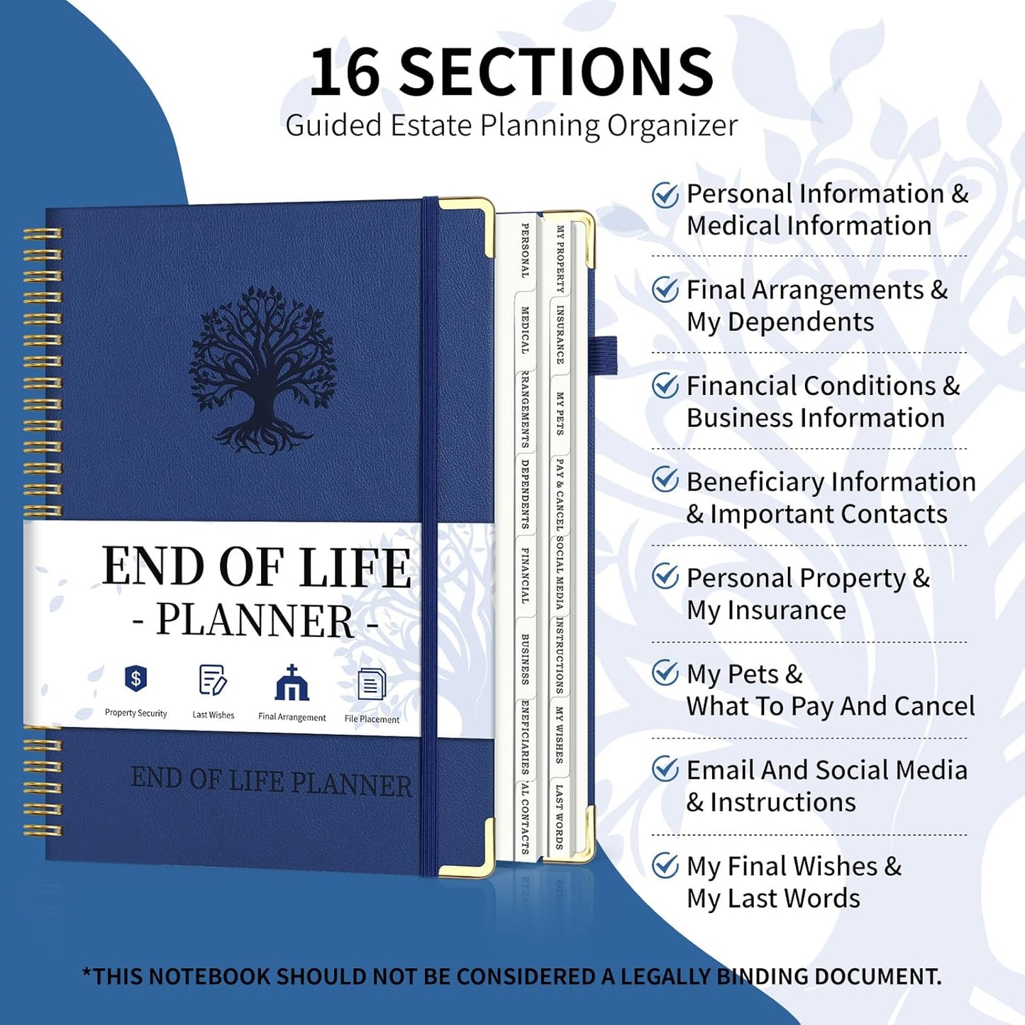 End of Life Planner, Spiral Estate Planning Organizer with Tabs for Senior, I'm Dead Now What Planner for Final Arrangements & Important Affairs with Large Print, 7.9"x10.4", Blue