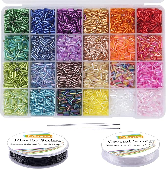 EuTengHao 9600pcs Tube Beads Kit Glass Bugle Seed Beads Small Craft Beads for DIY Bracelet Necklaces Crafting Jewelry Making Supplies with Two Crystal String (7mm, 400 Per Color, 24 Colors)