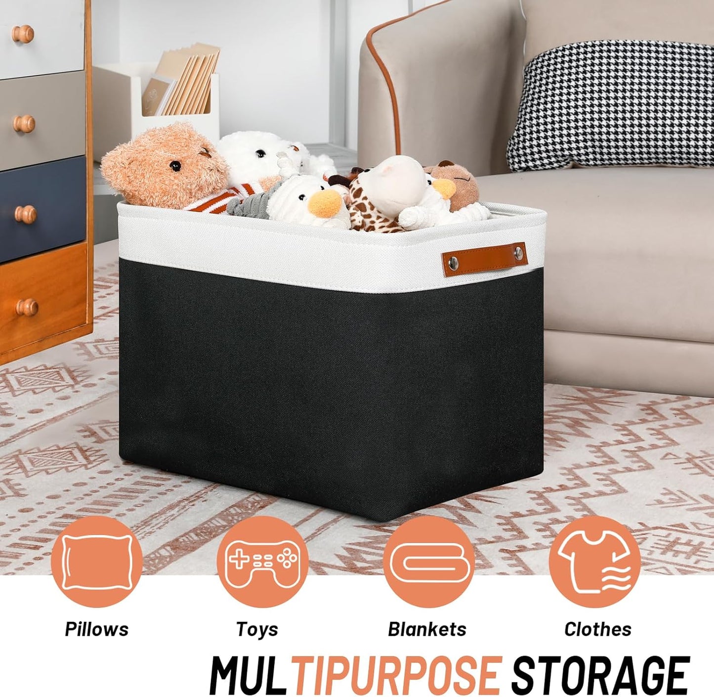 DULLEMELO Large Storage Baskets Fabric Storage Bins, Canvas Storage Basket for Shelf Toys, Decorative Large Storage Bins with Handle for Baby Gift(White&Black)