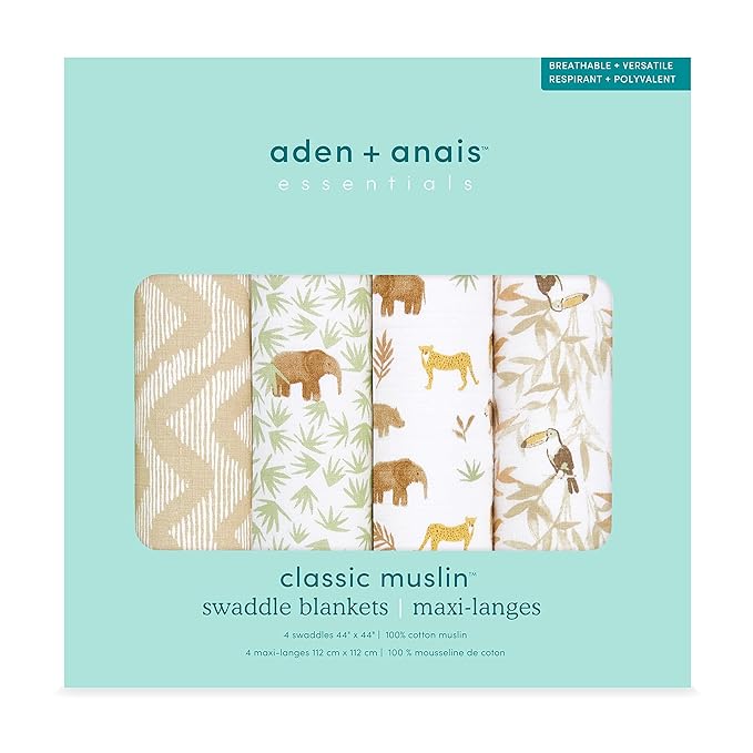 aden + anais Essentials Muslin Swaddle Blankets for Baby Girls and Boys, Newborn Receiving Blanket for Swaddling, 100% Cotton Baby Swaddle Wrap, 4 Pack, Tanzania