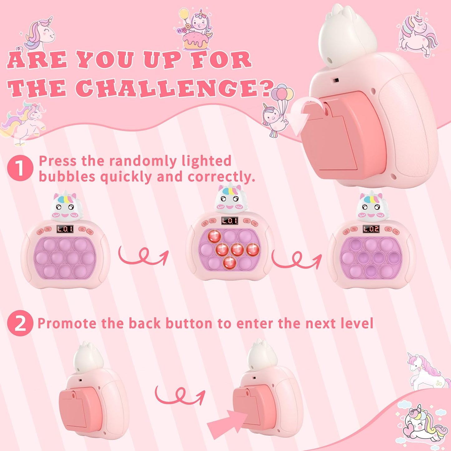 Upgraded Quick Push Game Pop Bubble Up Toys for Kids, Funny Toys with LED Screen for Kids 3-12 for Girls and Boys Bubble Stress,Handheld Puzzle Game Sensory Toys(Batteries Included)(Unicorn)