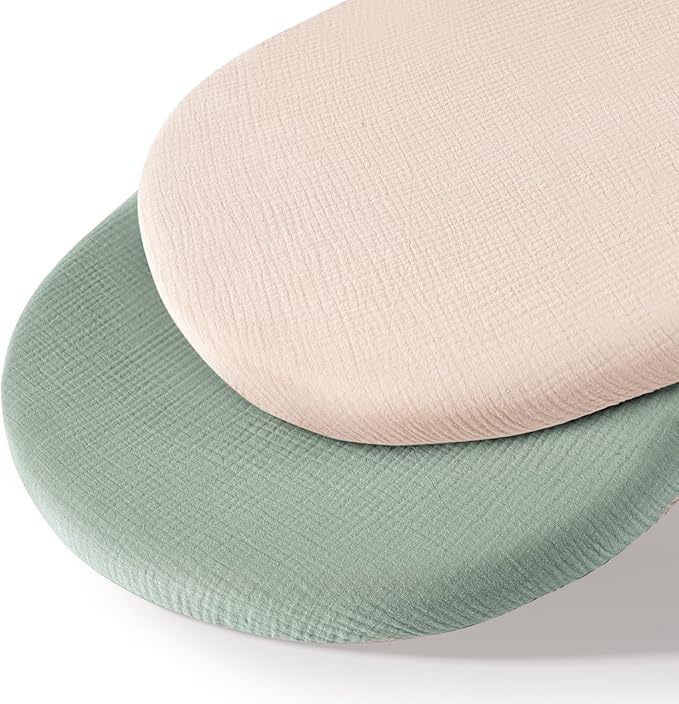 Muslin Bassinet Sheets for Babies – Soft & Breathable 100% Cotton Fitted Sheets for Oval, Rectangle, Hourglass Bassinet Mattress Pads, 2-Pack (Ivory & Pink)