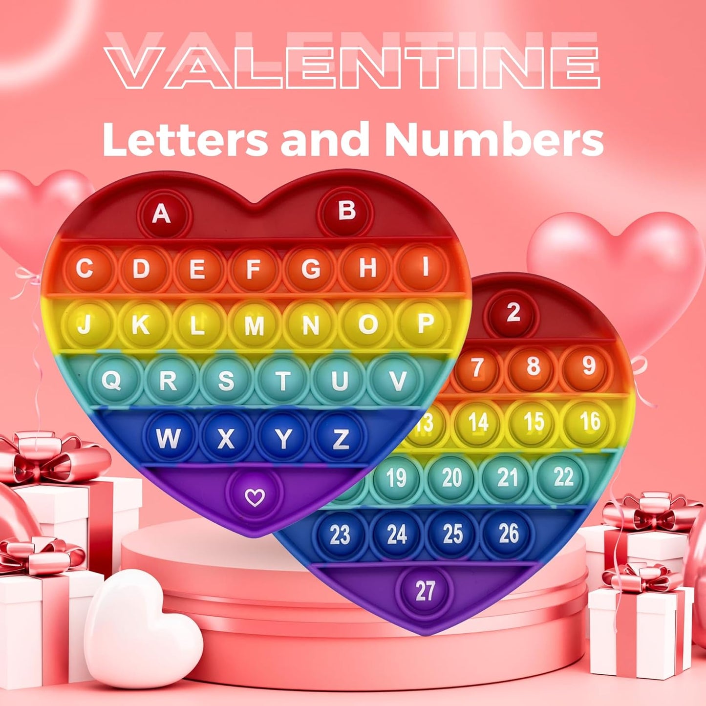 Rainbow Heart Shaped Pop Bubble Valentines Fidget Toy with Letters and Numbers, Xmas Gift Sensory Toy with Alphabets Kids Birthday Party Classroom Prize Stress Reliever