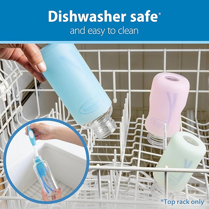 Dr. Brown's Natural Flow Anti-Colic Options+ Wide-Neck Glass Baby Bottle Starter Set with 100% Silicone Glass Bottle Sleeves, Baby Bottle Brush, Prevent Pacifier and Pacifier and Bottle Wipes