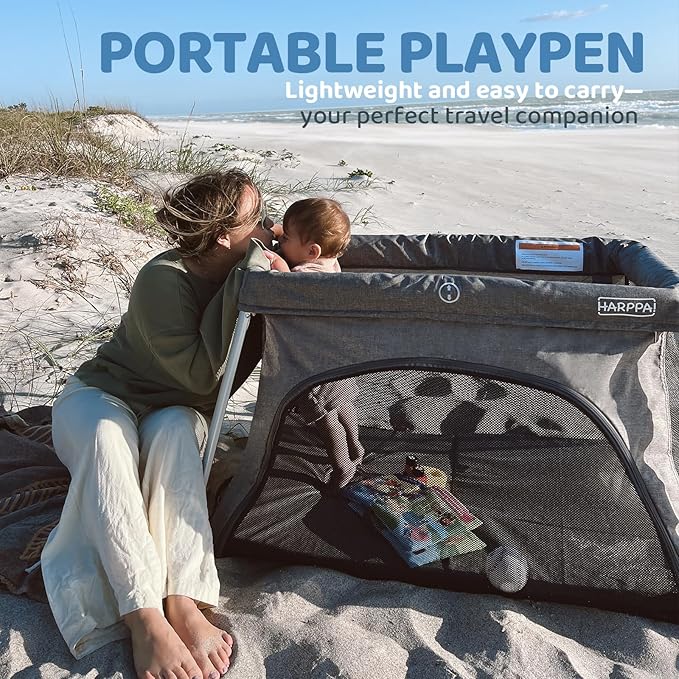 HARPPA Travel Crib with Comfy Mattress, Lightweight Portable Crib Requires No Assembly, Foldable Pack and Play for Baby and Toddlers, Compact Play Yard with Bed,Gray