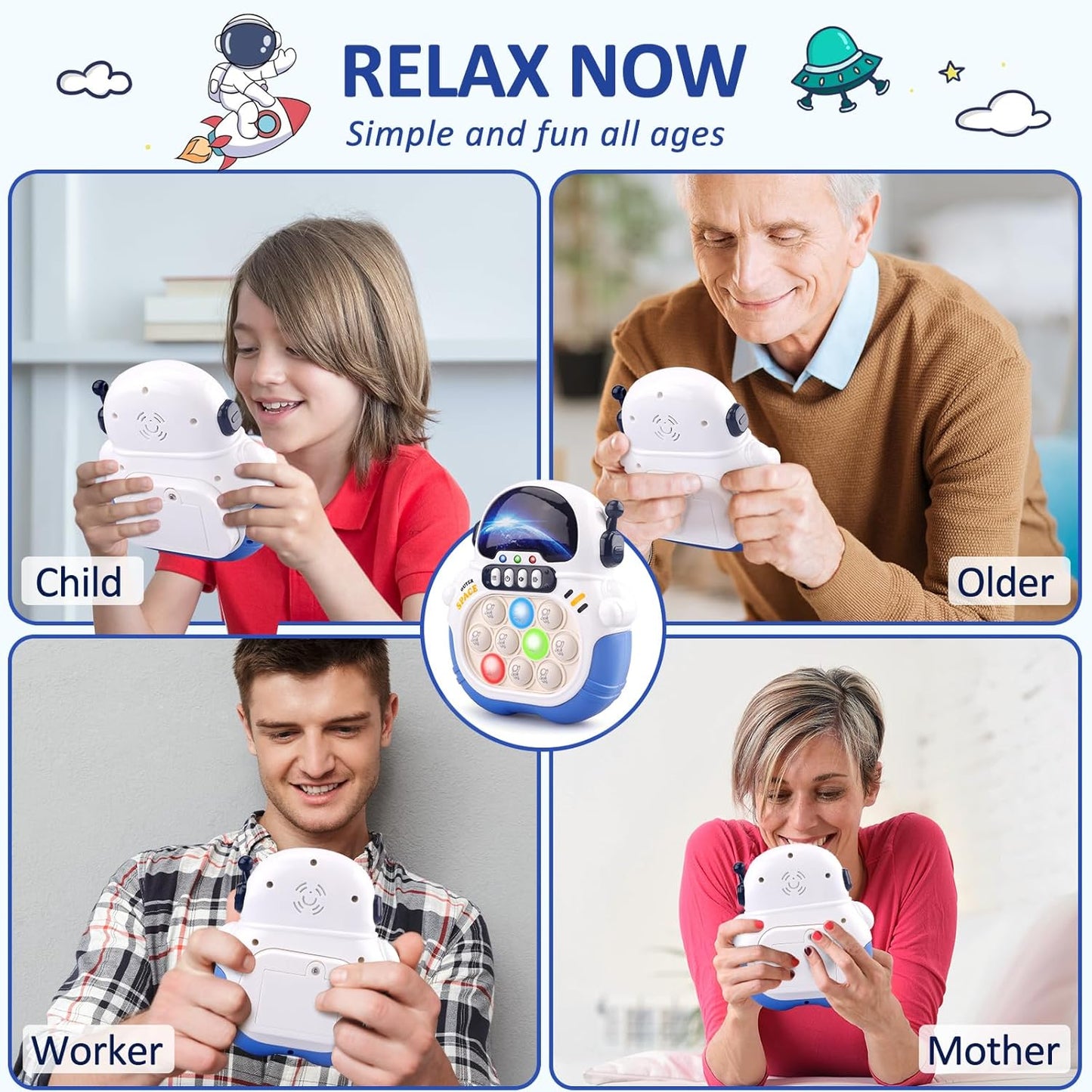 Quick Push Game Fidget Toys for Kids Adults, Handheld Puzzle Game Sensory Toys, Fast Push Bubble Game, Xmas Birthday Gifts for Boys Girls (Astronaut - Blue)