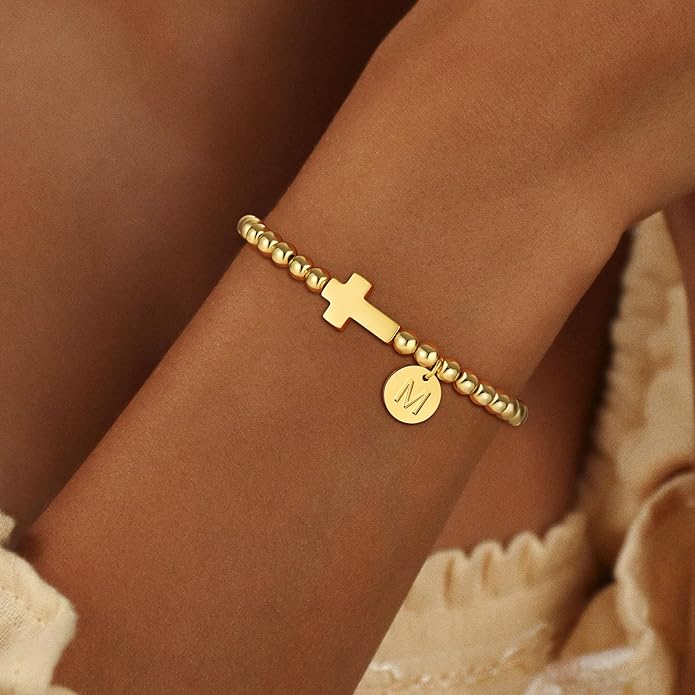Gold Initial Bracelets for Women Girls Kids, Dainty 18K Gold Plated Cross Initial Bracelet Non Tarnish Beaded Bracelets Personalized Birthday Gifts for Women Girls Jewelry