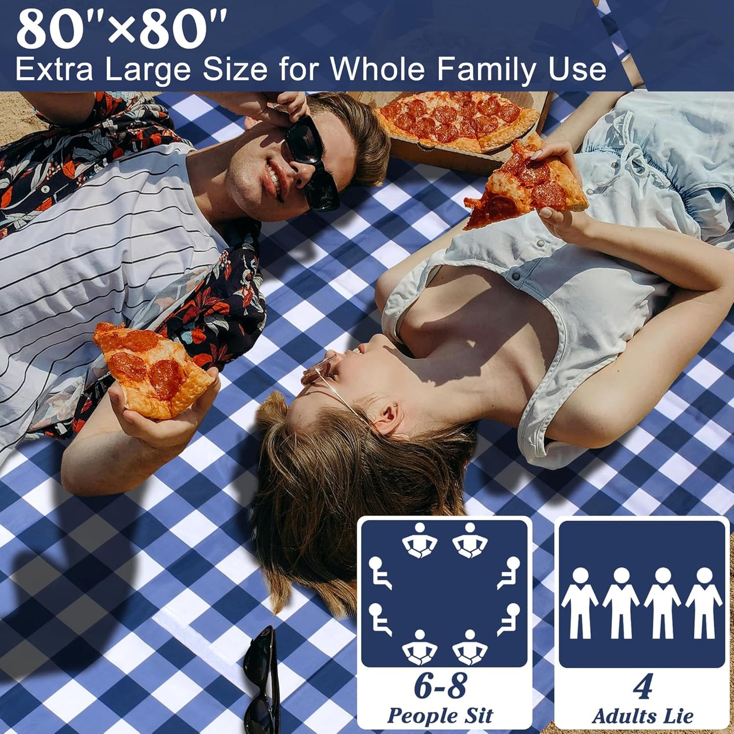 80"x80" Extra Large Waterproof Outdoor Mat - Sandproof Foldable Picnic Blanket for Family Camping, Backyard, Beach Parties - Heavy Duty & Easy Storage (Blue&White)