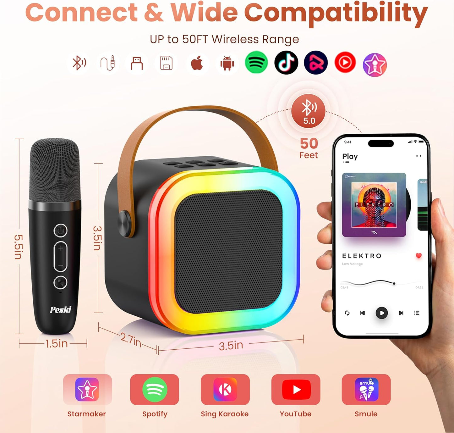 Karaoke Machine for Kids Adults, Portable Bluetooth Mini Karaoke Microphone Singing Speaker with 2 Wireless Mic and Light, for All Smartphones,Birthday, Family,Home Party (Black)