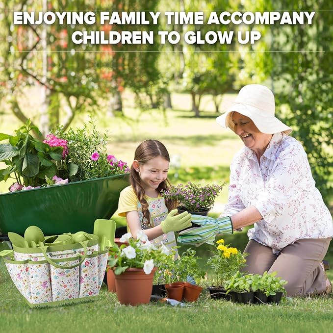 Kids Gardening Set 14Pcs Gardening Tools for Kids with Tote Bag,Watering Can, Shovel, Apron, Garden Book and More Educational STEM Learning Outdoor for Toddlers Boys Girls (Green-1)