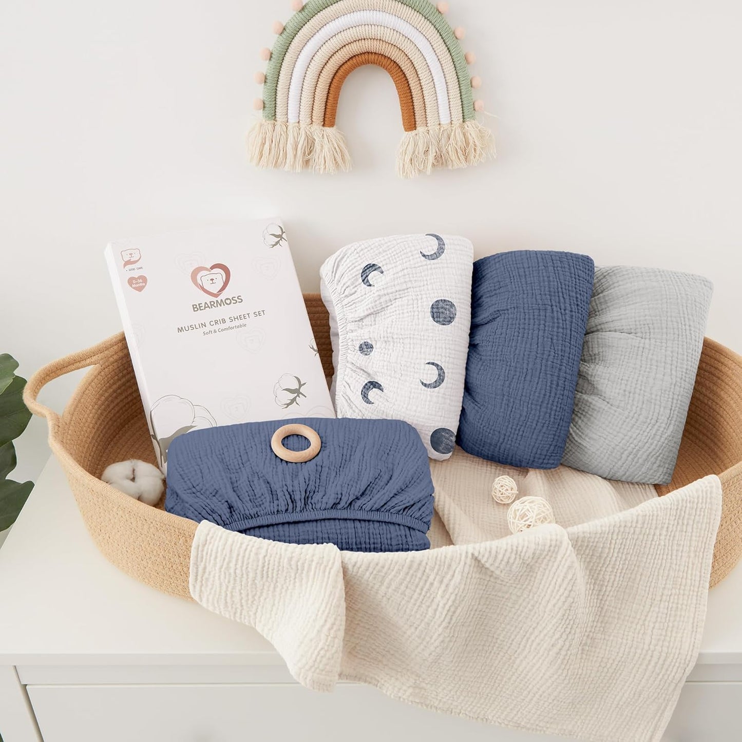 Bearmoss Muslin Mini Crib Sheets for Pack N Play Mattress - 100% Cotton - 38"x24" Soft Breathable Playard Baby Crib Sheets Neutral for Boys Girls - 2 Pack (Blue Crescent)