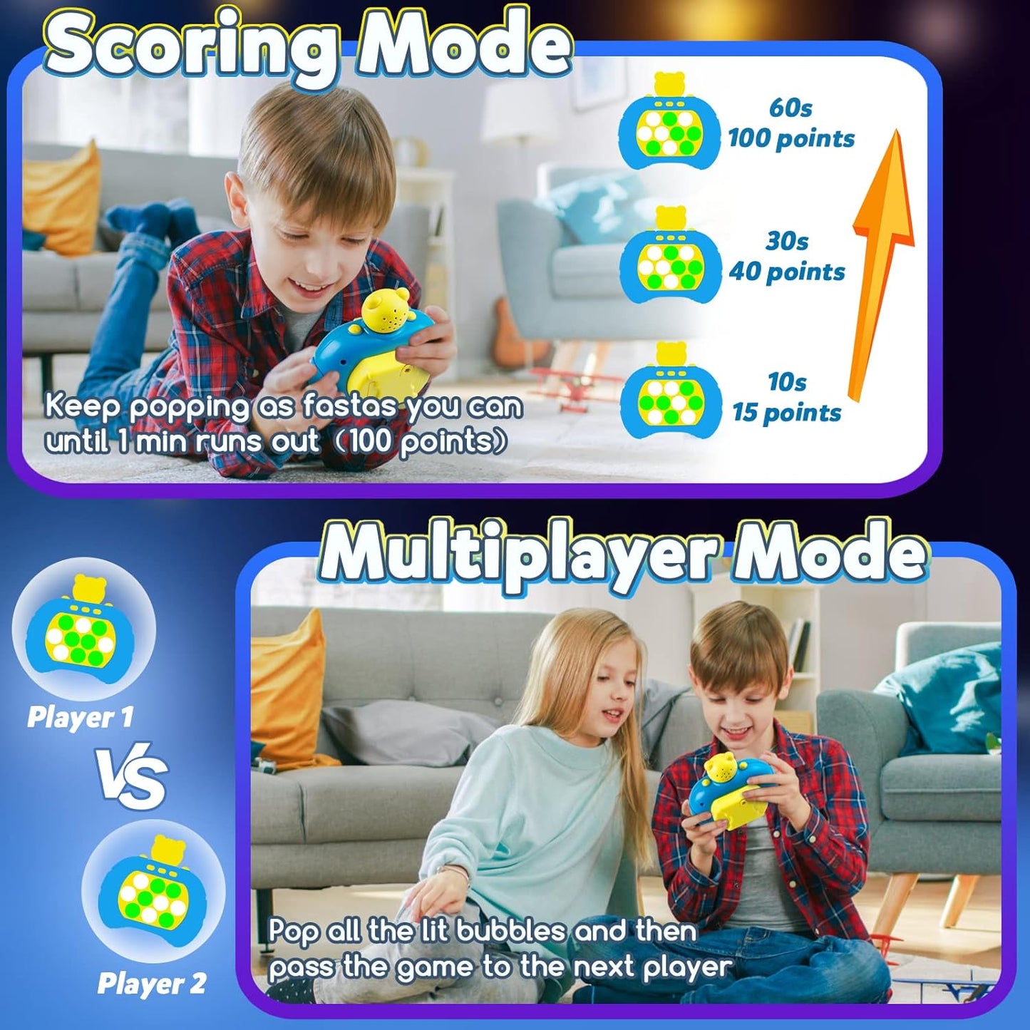 Pop It Game Light Up Fidget Toys , Handheld Games for Kids, Quick Push Bubbles Game Console, Autism Sensory Toys Birthday Gifts for Old Boys Girls Kids Teens