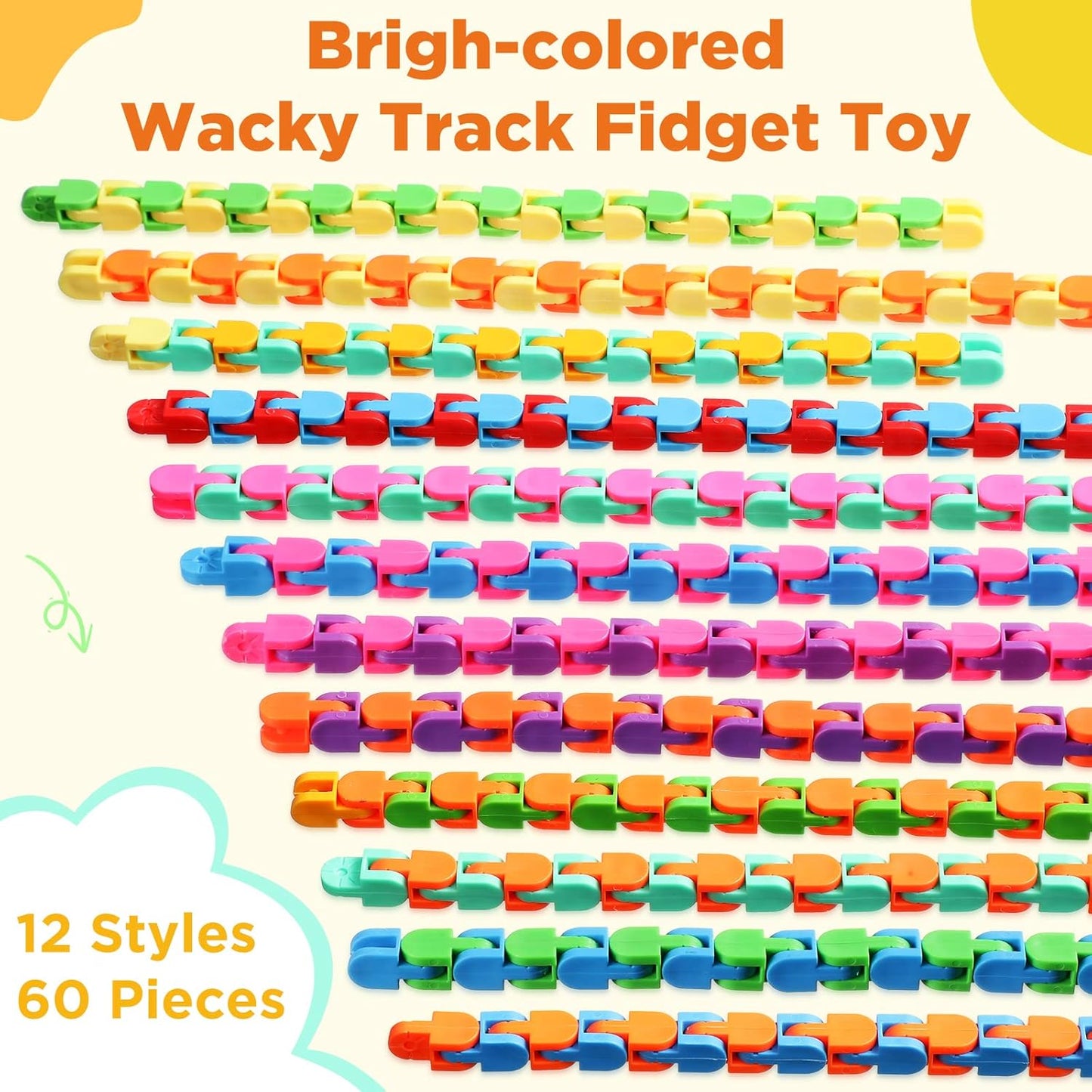 Sotiff 60 Pieces 24 Links of Wacky Track Fidget Toy Fidget Wacky Tracks Colorful Snake Snap Toys Wacky Track Gifts for Kids Adult Autism Stress Relief Therapy Toys Keeps Mind Focused (Classic Color)