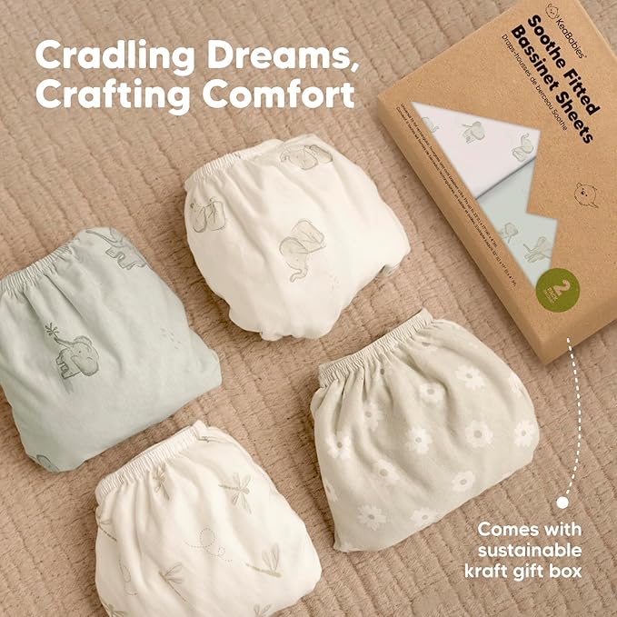 2-Pack Organic Bassinet Sheets for Girls, Boys - 100% Cotton Bassinet Mattress Sheets Compatible with Halo Bassinest Swivel Sleeper, Graco, Baby Delight, Chicco, Unisex Fitted Bassinet Sheets (Herb)