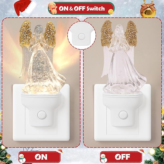 Christmas Angel Night Light Plug into Wall Glitter Water Nightlight with USB/Outlet Options, Christmas Decorative Nightlight for Bedroom Kitchen Nursery Holiday Decorations Gifts (Angel)