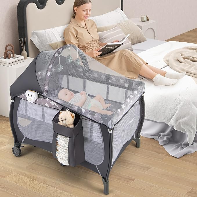 HONEY JOY Pack and Play, 4 in 1 Portable Baby Playard with Bassinet, Changing Table, Lockable Wheels, Music Box, Foldable Travel Baby Crib Nursery Center from Newborn to Toddler(Gray)