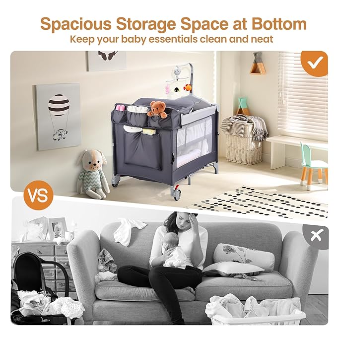 JOYMOR Pack and Play with Changing Table, 5-in-1 Portable Baby Bedside Bassinet with Storage, Travel Crib with Carry Bag, Compact Fold (Gray)