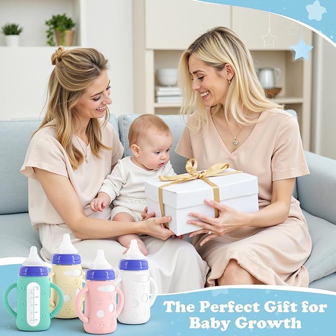 4-Pack Silicone Sleeves for Lansinoh Glass Bottles 5 oz- Starry Sky Design Baby Bottle Holder with Handles,Protectors for Lansinoh Natural Wave Glass Bottles, Anti-Scald Feeding Supplies