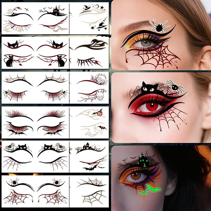 12 Pairs Halloween Glow Up Eye Shadow Temporary Tattoos Eyeliner Tattoo Stickers Spider Web Bat Pattern Eyeliner Fake Tattoos for Women Men Face Eye Makeup Halloween Decals Party Supplies