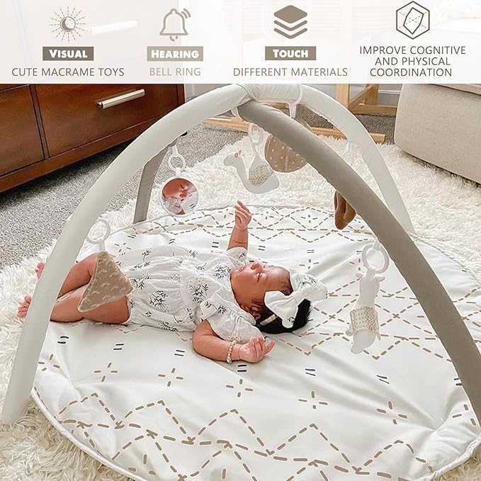 Little Dove Tummy Time Mat with 6 Toys, Macrame Baby Play Mat for Newborn, Baby Gym with 12 Milestone Cards, Stage-Based Sensory and Motor Skill Development Baby Play Gym, Non Slip Mat Washable, Khaki