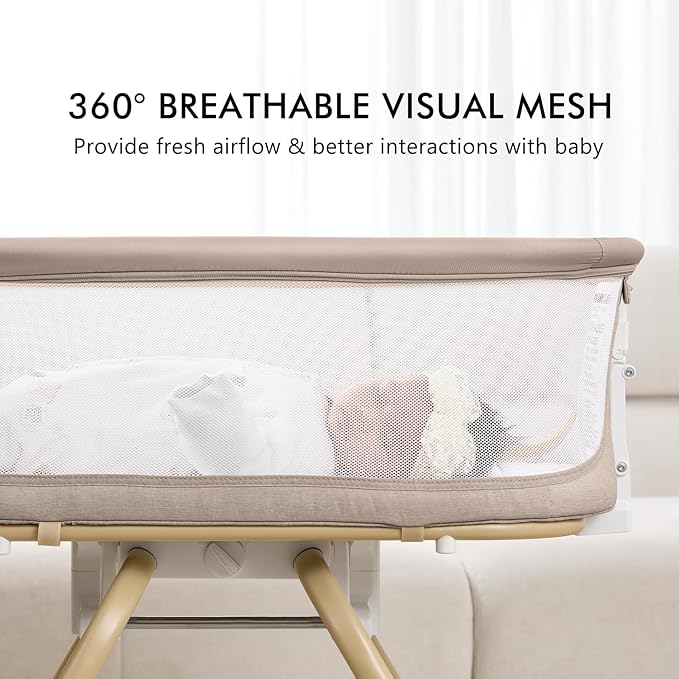 ANGELBLISS 3 in 1 Baby Bassinet, Rocking Bassinets Bedside Sleeper with Calming Motion, Portable Nest for Newborn Infant, Breathable Mesh (Khaki)