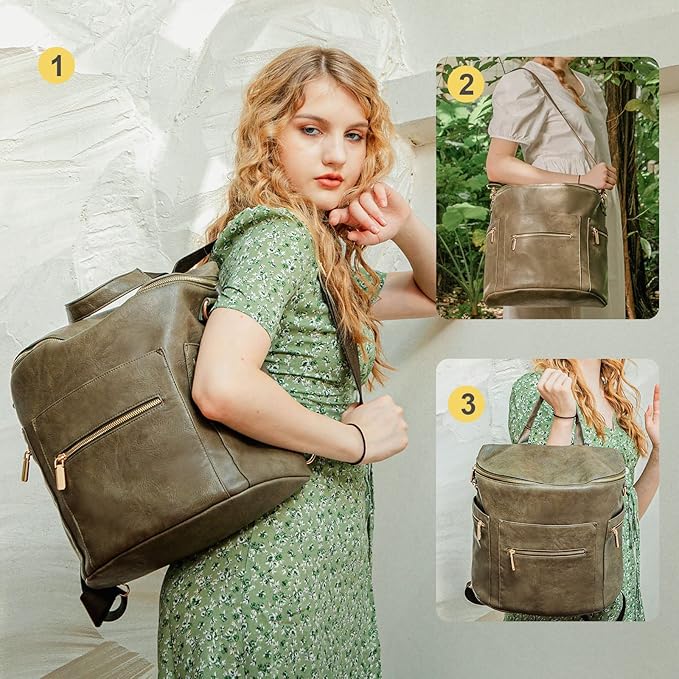 miss fong Diaper Bag Backpack Baby Diaper Bag, Large Leather Diaper Backpack with 16 Pockets Travel Diaper Bag with Diaper Changing Pad, Stroller Straps & 2 Insulated Pockets (Convertible, Forest)