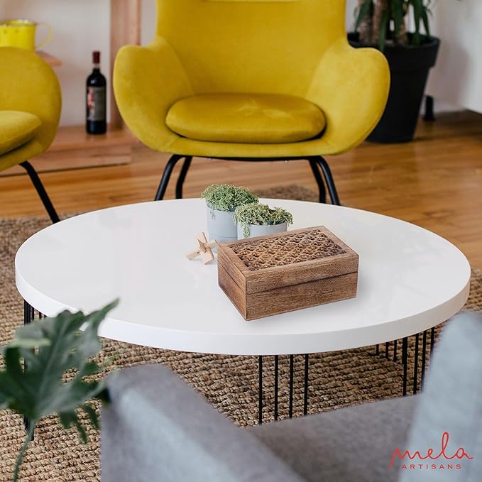 Mela Artisans Wooden Keepsake Box | Medium Burnt Mango Wood Memory & Photo Storage Box with Hinged Lid | Decorative Storage Box | Large | 9x6x3.5 Inch