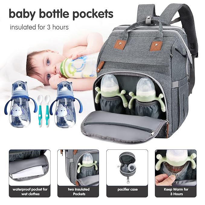 DERJUNSTAR Baby Diaper Bag Backpack with ChangingStation-Large Capacity Baby Bag for Boys & Girls, USBCharging Port, Pacifier Case, sunshade & Toy Bar,Waterproof， Pale Grey