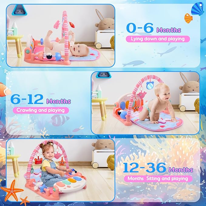 Baby Gyms Play Mats, Baby Toys Tummy Time Mat, Baby Activity Mat Play Piano Gym with 5 Sensory Toys for Babies, Music and Lights Boy & Girl Gifts for Infant Newborn Baby 0-3 4-6 6-9 6-12 Months