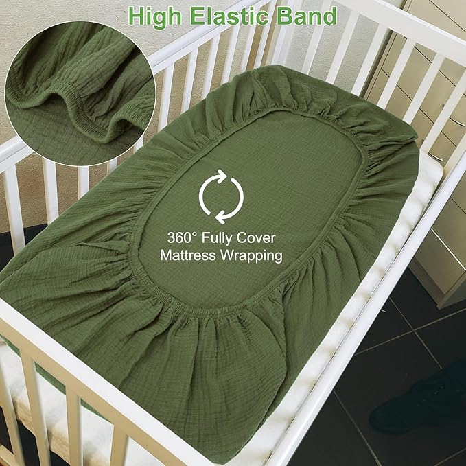Muslin Fitted Crib Sheets for Girls & Boys-2 Pack 28"x 52" Soft Baby Mattress Sheet-No Slip Boho Neutral Breathable Toddler Cotton Bedding Olive Green & Beige