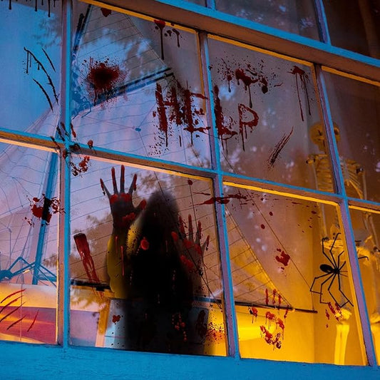2 Sheets Halloween Window Clings Scary Ghost Window Stickers Decals Double-Sided DIY Glass Stickers Bloody Handprints Female Ghost Shadow Designs Spooky Halloween Party Decor Supplies