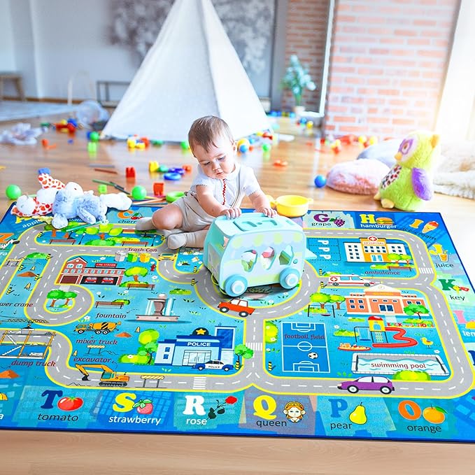 Chicrug 5x8 Car Road Area Rug for Kids Playroom Bedroom, Non Slip Low Pile Washable ABC Alphabet Carpet for Classroom, City Track Play Mat for Toddler Children Nursery Baby Room Decor, Blue